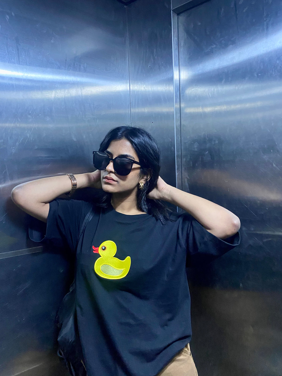 Cute Duck Black Embroidered T-shirt